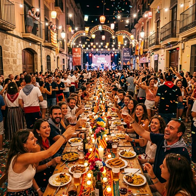 Grupo de personas disfrutando de una cena en fiestas valencianas