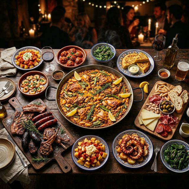 Catering festero en Valencia – Mesa abundante con paella y tapas